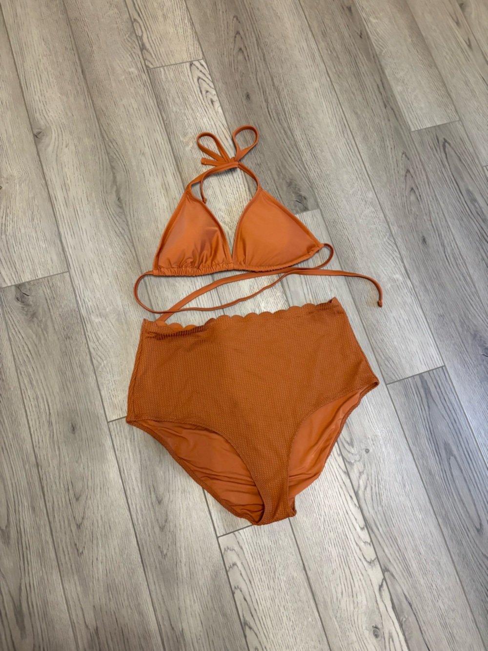 aerie Rust Orange Triangle Bikini Top and High Waisted Scalloped Bottoms